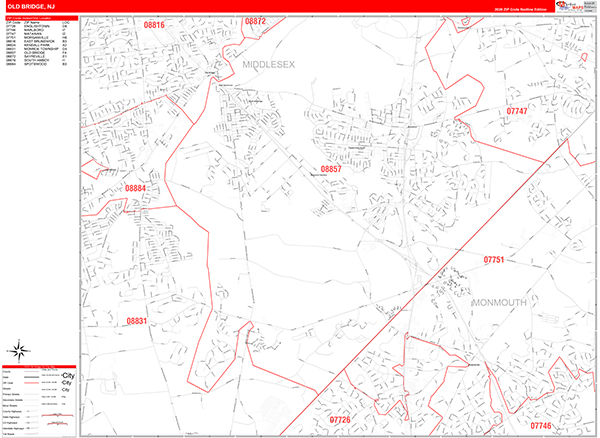 Old Bridge City Wall Map Red Line Style